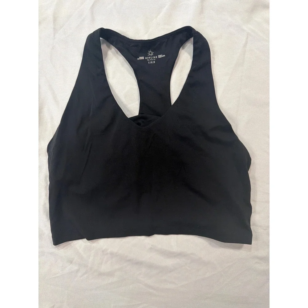OFFLINE by Aerie Real Me V-Neck Racerback Sports Bra Black Large Light Support